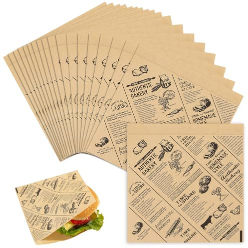 Hurifeng 200 Stk. 15x15cm Burger & Sandwich Verpackungspapier - Fett- & Wasserfest, Vintage Zeitungspapier-Design, Lebensmittelecht, Perfekt für Burger, Pommes, Sandwiches, Snacks, Takeaway & Bäckerei