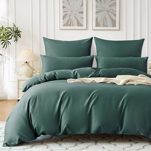 SOULFUL Satin Bettwäsche 155x220 Baumwolle Kühlend, Oeko-Tex, Dunkelgrün | 100% Langstapelige Baumwolle Seidig Kühlend Bettwäsche-Set mit Reißverschluss, 1 Bettbezug 155x220 & 1 Kissenbezug 80x80