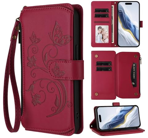 Handyhülle für Sony Xperia 1 VII, Prägung Schmetterling Reißverschluss Wallet Book Case Hülle Premium PU Leder Schutzhülle Klapphülle Magnetverschluss Kartenfach Standfunktion Rot