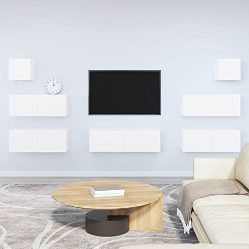 HETFTJN Lot de 7 meubles TV en bois robuste - Blanc - 100 cm - Profondeur : 30 cm - Étagère murale moderne pour salon et téléviseur jusqu'à 65