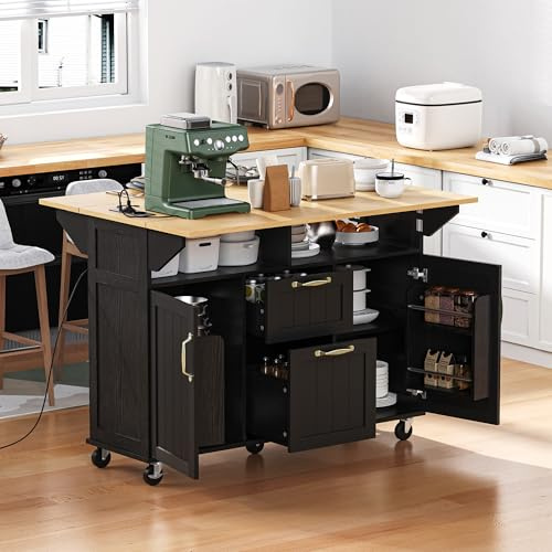 A ALFRESCOOL Mobile Kücheninsel, Küchenwagen, Ausziehbarer Esstisch, Buffetschrank, Küchenschrank mit Rollen & Abfallbehälterfach, Handtuchhalter & Steckdosenleisten, 120x80x92cm (Schwarz)