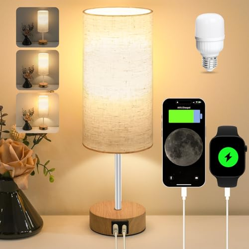 Totofac Nachttischlampe Touch Dimmbar mit USB A+C Ladeanschlüssen | Lampenschirm aus Leinenstoff, Holzsockel, Kleine Tischlampe für Schlafzimmer Wohnzimmer Kinderzimmer (LED-Birne Inklusive)