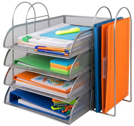 Relaxdays Briefablage, Metall, A4, 4 Fächer, 2 Stehsammler, HxBxT: 33 x 40,5 x 33,5 cm, Schreibtisch Organizer, Silber