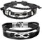 Cupimatch 2PCS Herren Retro Armband set, Infinity Unendlichkeit Ewigkeit Lieben Zeichen geflochten Punk Rock Manschette Kordelkette Armreifen, Leder Legierung, schwarz