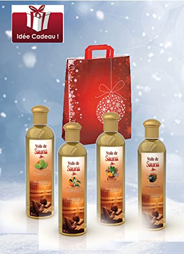 Camylle - Sélection Voile de Sauna avec en cadeau un superbe sac en coton comprenant quatre flacons : 1 x 250ml Eucalyptus - 1 x 250ml Fleur d'Orangers - 1 x 250ml Elinya - 1 x 250ml Orient