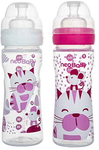 Neobaby Flasche aus Polypropylen, Weithals, mit Silikonsauger, 250 ml, Rosa, Durchfluss verstellbar, 2 Monate +