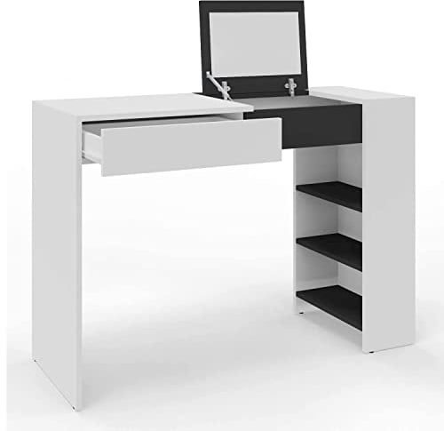 MATKAM Opera Maxi Schminktisch H 78 x B 114 x T 40 cm, mit ausklappbarem Spiegel H 21 x B 34 cm mit Ablage, 3 seitliche Ablagefächer, 1 Schublade, aus laminierter Holzspanplatte (Schwarz)