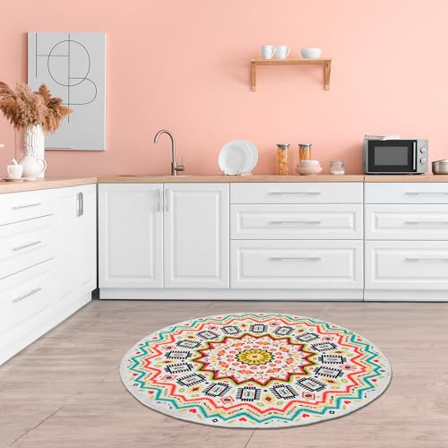 miqna Runder Teppich für Wohnzimmer, Schlafzimmer, 140 cm, weich und rutschfest, waschbar, Boho-Stil, rund, für Wohnzimmer, Kinderzimmer, Küche, Außenbereich und Balkon