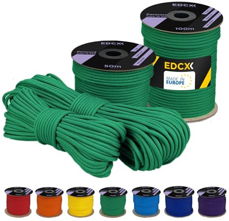EDCX 4 mm Polyester Paracord 550 25+ Farben (15, 30 und 50 m) – Typ III, 100% Nylonseil, 7 Litzen Seil, 4mm Nylonseil in vielen Farben | Solid Colors (Green Meadow, 30 m)