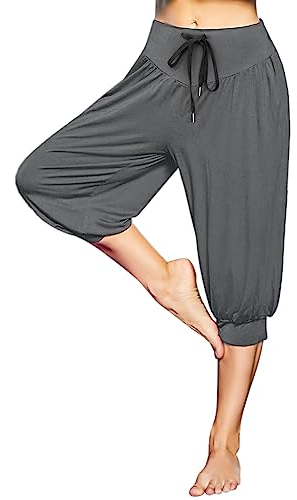 Terecey Sporthose Damen 3/4 Modal Jogginghose Frauen Kurz Caprihose Damen Sommer High Waist Yogahose mit Taschen und Verstellbarem Kordelzug für Yoga Pilates Grau L