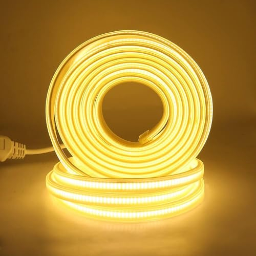 HEGEHE Flexible Tira de LED COB 220V con Cable de Alimentación, 288 LED/m Luz de Cuerda de Alto Brillo, Cada Corte de 50cm, IP65 Impermeable (1m, Blanco Cálido)