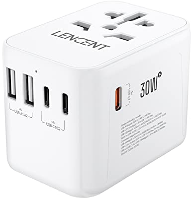 LENCENT Adaptateur de Voyage Prise Universelle Chargeur International GaN III 30W avec 2 USB et 3 Charge Rapide USB-C PD Prise France vers USA Canada UK AUS Chine Japon Type A C G I USA/UK/AUS Blanc