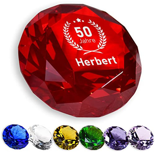 polar-effekt Glas Kristall in Rot mit personalisierter Wunschgravur - Dekostein Briefbeschwerer mit Namen - das Jubiläumsgeschenk zum Geburtstag - die Deko-Idee für zu Hause - Motiv Jubiläum