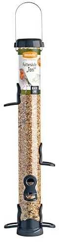 Welzhofer Vogel Futtersäule Black Line Toni - Vogelfutterspender & Futterstation für Wildvögel - 6 Sitzringe, 2,1 Liter Kapazität, 69mm Innendurchmesser für alle Futterarten, Metallbeschläge