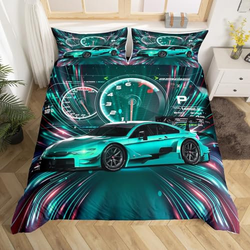 Homewish Housse de Couette Voiture de Sport, Ensemble de Literie Voiture de Course, Parure de Lit Imprimé de Voitures de Sport en 3D, Couvre Lit Vitesse Extrême Sports Cool (Vert, 140x200)