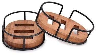 Indus Lifespace Lot de 2 porte-savons en fer et bois d'acacia avec cadre en fil de fer noir mat pour douche, évier de cuisine, savon égouttoir double couche (12,06 cm x 8,89 cm x 3,81 cm)