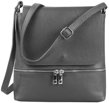 OBC Made in Italy Damen Leder Tasche Messenger Crossbody Handtasche Schultertasche Crossover Umhängetasche Shopper Damentasche Überschlagtasche Tablettasche bis ca. 7-9 Zoll Grau