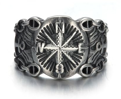 GTHIC Herren-Edelstahl-Wikinger-Piraten-Kompass-Ring, Vintage-Stil, nördlicher Marine-Anker, Biker-Ring, Seemann-Amulett, Schmuck, Größe 5–16