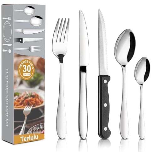 30 Piece Cutlery Sets with 6 Piece Steak Knives, Stainless Steel Silver Cutlery Flatware Set, Dinnerware Fork Knife Spoon Set Service for 6, Mirror Finished & Dishwasher Safe