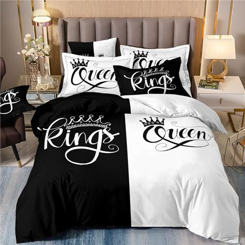 Freyamy Partner Bettwäsche 220x240cm 3teilig Schwarz Weiß King&Queen 3D Bettwäsche für Paare 100% Mikrofaser Pärchen Bettwaren-Sets Liebhaber Bettbezug mit Reißverschluss und 2 Kissenbezug 80x80cm