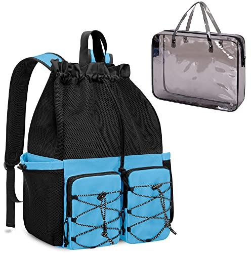 Fasrom grand sac de plage femme xxl sac a dos plage en Maille Pliable pour Femme avec Fermeture Éclair, Grand Poches Sacs à Cabas pour Plage Voyages Gym Piscine Bleu