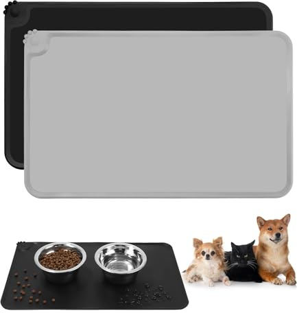 2-teiliges Set Napfunterlage Hund Katzen, 55X38CM wasserdichte und rutschfeste Silikon Fressnapf Unterlage, Futtermatte, Anti-Rutsch Haustier Fütterung Matte Placemats per animali (Schwarz&Grau)