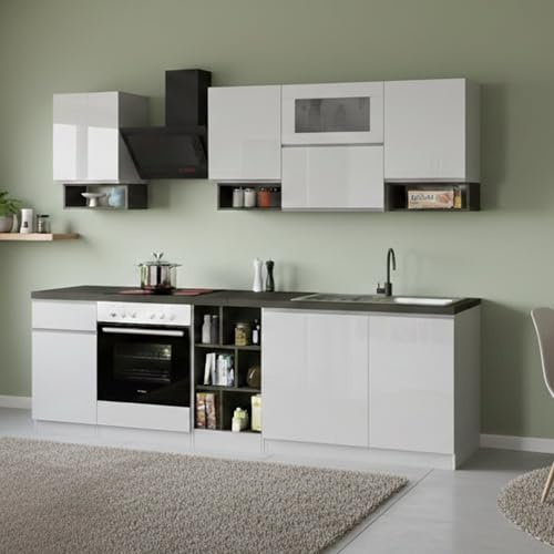 Dmora Cucina Completa Ronnie Bianco Lucido Modulabile un Cassetto, 19 Ripiani Made in Italy
