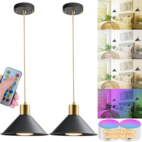 Confezione da 2 lampade a sospensione a batteria, luci a batteria da appendere con lampadine ricaricabili RGB da 10000 mAh, 50 ore di durata della batteria, colore: nero, senza cablaggio con