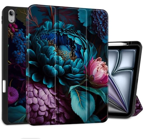 MEEgoodo Schutzhülle für iPad Air 13 Zoll 2025 2024 (M3/M2), Tablet-Hüllen mit dreifach faltbarem Ständer + Stifthalter + automatische Wake/Sleep-Funktion + weiche TPU-Rückseite, schöne Fantasy-Blume