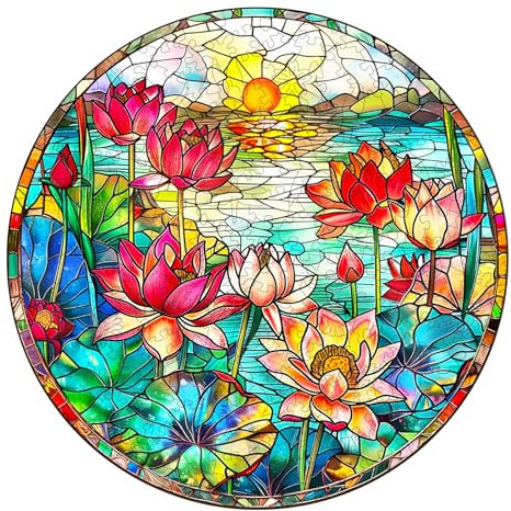 Stained Glass Lotus 300pcs Wooden Jigsaw Puzzles for Adults, Unique Animal Shape Puzzles with Wood Box, 34x34cm Family Game and Birthday Gifts