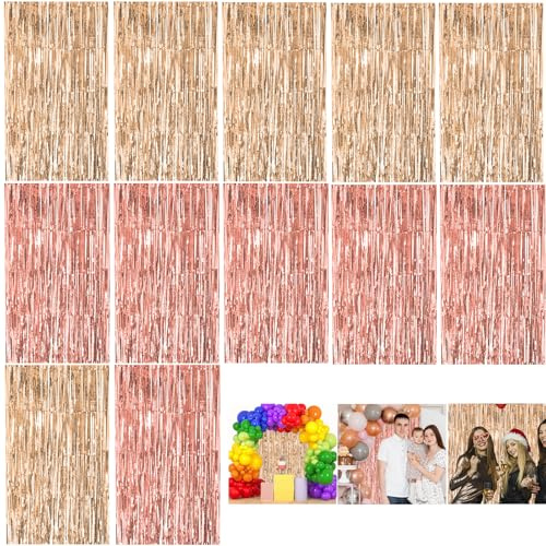 lelewangluo Lametta Vorhang, 12 Stück Glitzervorhang Party Vorhänge Rosegold 1x2.5m Luftschlangen Fransen für Geburtstag Dekoration Partydekor Verlobung Hochzeit Weihnachten Neujahr Dekoration