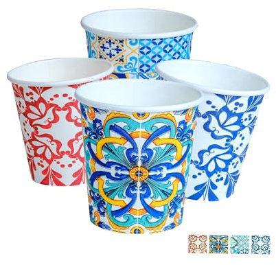 DETERMONDO Bicchieri in Carta 180 ml, 100 Pezzi, Monouso Compostabili Decorati Stile Maiolica, Ecologici e Biodegradabili, Resistenti per Bevande Fredde e Calde, Ideali per Eventi, Feste, Catering