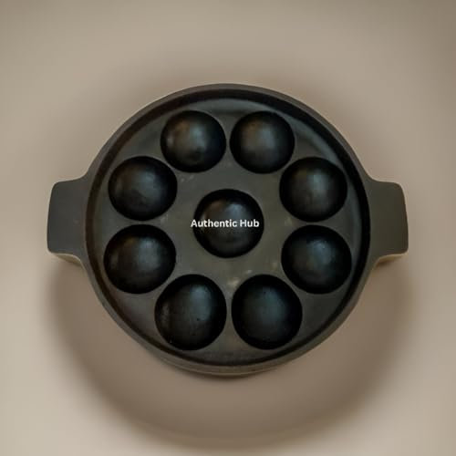 Handcrafted 9 Pits Cast Iron Pan, Appam Pan with Free Turner | Paniyaram Pan, Kuzhi Paniyaram & Appe Maker - Authentic HUB