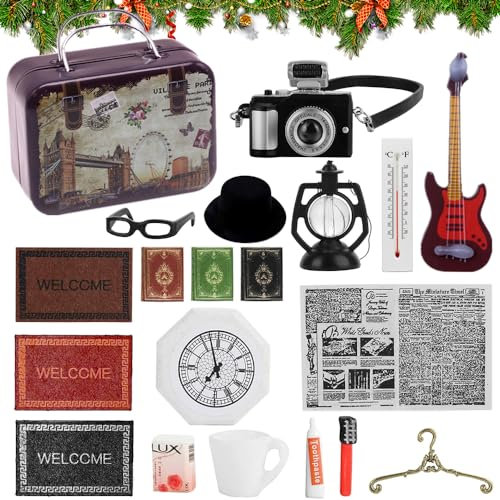 20 PCS Wichtel Koffer Set, Wichtel Zahnbürste, Zahnpasta, Puppenhaus Zeitung, Wichtel Brille, Miniatur Bücher Deko, Kamera Miniatur Deko, Gitarre, Seife, Puppenstubenzubehör, Zubehör Wichtel