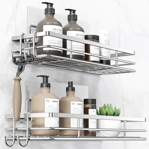 pickpiff Estante de ducha sin taladrar SUS304 de acero inoxidable, 2 unidades, con 2 ganchos, estantería de baño, organizador de champú, soporte para ducha, autoadhesivo
