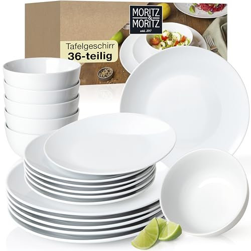 Moritz & Moritz BASIC 36-tlg. Geschirrset 12 Personen modern - aus hochwertigem Porzellan in klassischem Weiß - bestehend aus 12x Dinnerteller, 12x Dessertteller & 12x Schalen
