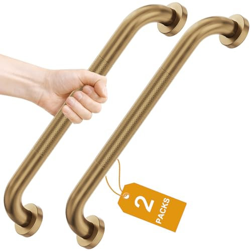 FANHAO 2 Pack Shower Grab Rails, 16 Inch Stainless Steel Bathroom Grab Bar with Anti-Slip Knurled Grip, Heavy Duty Shower Handle Bath Handle, Safety Bars for Elderly Handicapped (Champagne Bronze)