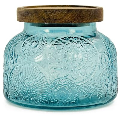 LINGSHINE - Barattolo di vetro decorativo blu da cucina con coperchio in legno ermetico da 25,4 once, contenitore per caffè, zucchero, tè, biscotti, caramelle, farina, snack per animali domestici |