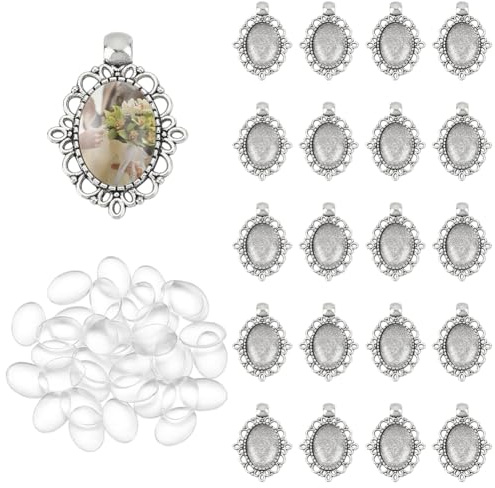 UNICRAFTALE 40 juego de Bandejas de Cabujón Ovalado Tibetano de Plata Antigua con Bisel de Cúpula En Blanco Y Cabujones de Vidrio para Hacer Joyas con Fotos DIY, Bandeja de 13x18mm