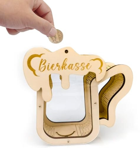 Bierkasse Spardose aus Holz mit coolem Retro Motiv - prostende Bierkrüge Bierspardose Geschenk für Männer