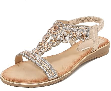 NBOFIEHY Sandalen Damen Strass Slingback Bohemia Sandalen Freizeit Elegant Flach Schuhe Weichen Sommerschuhe für Frauen Bequem
