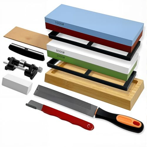 SNAIL GARDEN 10 Pack Professional Knife Sharpening Stone Set | Premium 400/1000 & 3000/8000 Grit Whetstone Kit with Portable Sharpener & Metal File for Serrated Blades | Non-Slip Base & Angle Guide