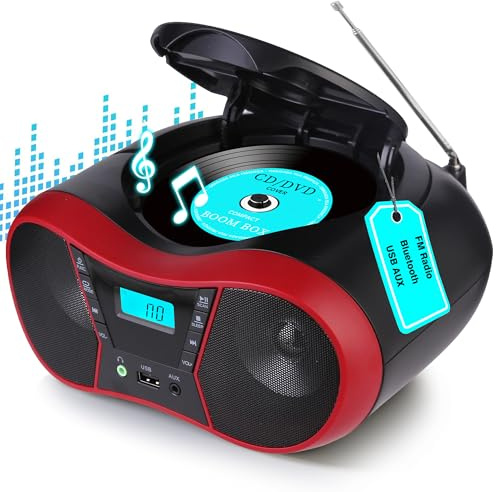 M-Amazup Boombox tragbarer CD-Player für Zuhause, Radio, CD-Player, Stereo mit AUX/USB/FM/Bluetooth, AC/Batterie, Schlaf-Timer, Boombox mit Bluetooth-Geschenk für Kinder, Senioren, Zuhause, Rot