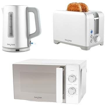 Salter Aspen Kettle, Toaster, & Microwave Set – Matching Kitchen Countertop Breakfast Set, Rapid Boil 1.7L 3kW Kettle, 2-Slice Anti-Jamming Toaster, 20L 800W Manual Microwave, Dial Control, Silver