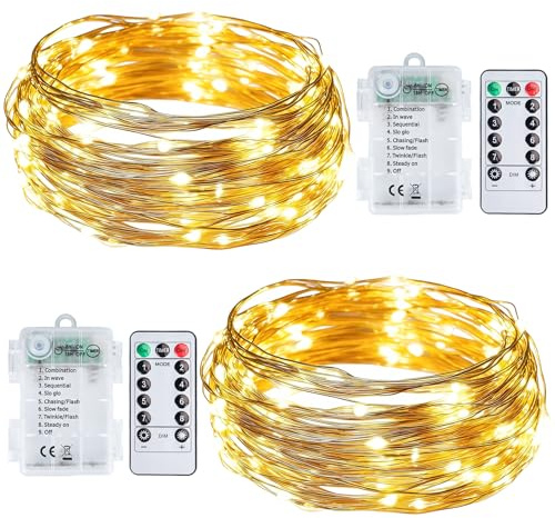 2 Stück LED Lichterkette Batterie, 10M 100 LED Draht Lichterkette innen mit Timer und Fernbedienung, für Innen Außen Party Hochzeit Weihnachten Deko Warmweiß