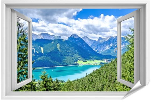 islandburner Póster XXL con ventana abierta con vistas al paisaje alpino, imágenes de alta calidad, impresión fotográfica