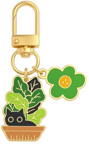 DONWOIE Cat Keyring, Potted Plant Keychain Bag Charms for Women | Cute Key Rings Gifts with Black Cats in Leafy Pot and Green Flower Pendants for Women Girls Son Nature and Animal Lovers