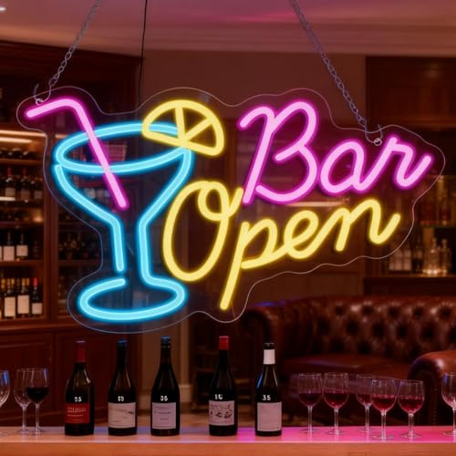 Bar Open Neon Schild, 44 X 30 cm Cocktail Leuchtreklame Für Wand, Dimmbar Bar Schild Mit USB-Betrieb, LED Neon Bar Sign, Cocktails LED Neon Schild Für Bars, Kaffee Cafe Club Store