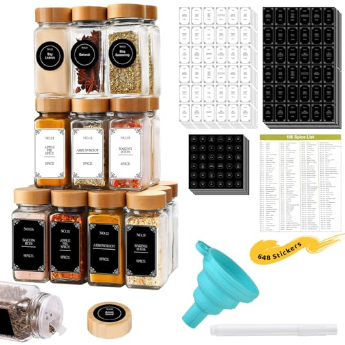24 Pezzi Barattoli Spezie in Vetro 120 ml con il Coperchi Bambù, 648 Etichette, Penna e imbuto, Barattoli Porta Spice, Erbe e Contenitori Ermetici per Spezie, Per il Campeggio
