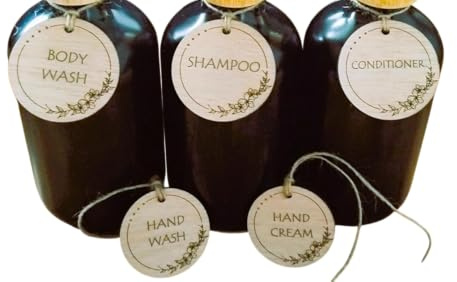 Garland Design Bathroom Labels/Tags Set of 5 Pcs- Tie On - for Hand Wash, Body Wash, Hand Cream, Shampoo & Conditioner Bottles - Wooden Engraved